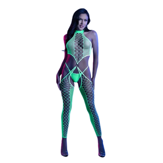 High Voltage High Neck Bodystocking & G-String GL2138-OS-B - Lingerie - Glow in Dark