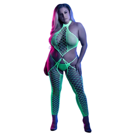 High Voltage High Neck Bodystocking & G-String Queen GL2138-QS-B- Lingerie - Glow in Dark
