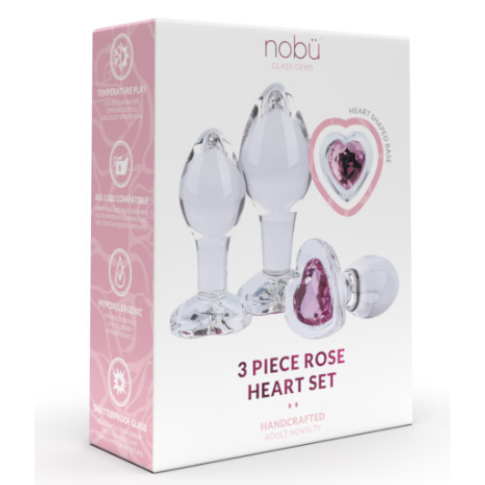 Glass Gems 3 Piece Rose Heart Set - Pink